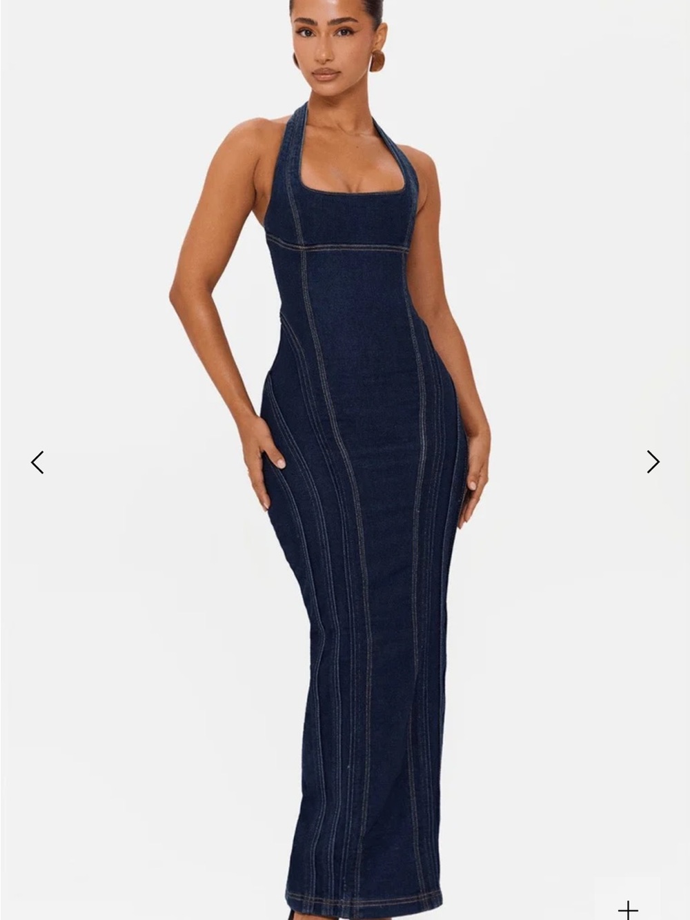 Halter-Style Dark Blue Denim Maxi Dress